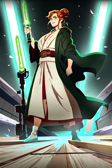 ((best quality)), ((masterpiece)),starwarsadv, 1girl, looking at viewer, smile, brown hair, green eyes, parted lips, ((hair bun)), breast, robe, green lightsaber, green lighting, green glow, green theme,  <lora:starwarsadv-000005:1>