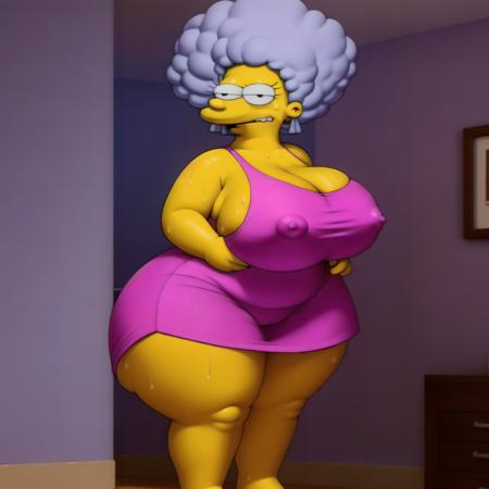 <lora:Patty Bouvier:1> anatomically correct, masterpiece, best high quality, ultra details, realistic, RAW Photo, perfect anatomy, 4k, 8k, quality lighting, detailed hands, detailed eyes, (solo:1.2), plumb, mature woman, Patty Bouvier, gray hair, pink dress, yellow skin, (big boobs:1.4), (thick tighs:1.3),  (wide hips:1.3), (big ass:1.4), (looking at viewer), (black eyes), pussy, (sweat:1.4) <lora:BGV5EX:1> <lora:add_detail:1>