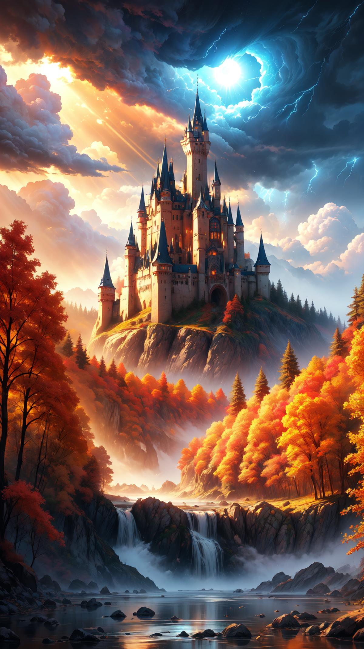 A Castle in the Clouds: A Fantasy Painting of a Castle with a Sunburst Background