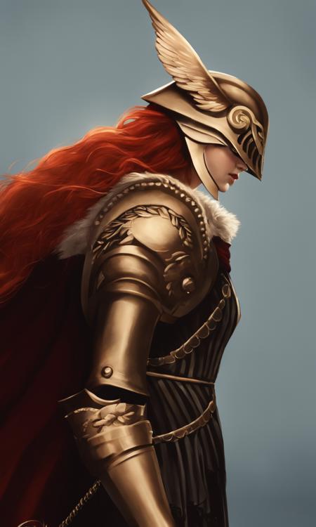 cinematic still malenia, 1girl, red hair 1girl, solo, long hair, dress, very long hair, closed mouth, red hair, cape, armor, from side, helmet, red cape, mechanical arms, covered eyes, single mechanical arm, prosthesis, holding own arm, hand on own arm, prosthetic arm, winged helmet . emotional, harmonious, vignette, highly detailed, high budget, bokeh, cinemascope, moody, epic, gorgeous, film grain, grainy