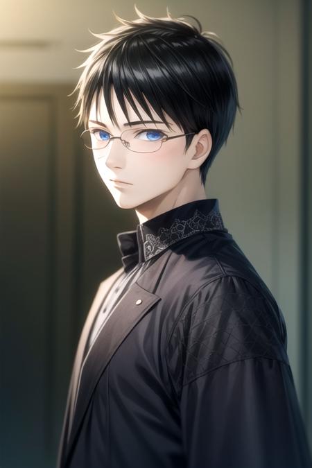 masterpiece, best quality, wallpaper, 1boy, solo, male focus, looking at viewer, upper body, depth of field, <lora:arata_wataya:0.68>, arata_wataya, black hair, blue eyes, , gothic costume, ,