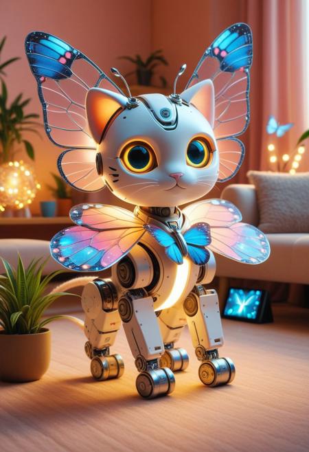 butterflyStyle — Cinematic photograph of a tiny, adorable robot kitten with delicate butterfly wings made of glowing circuits, clumsily trying to chase a holographic butterfly in a cozy futuristic living room filled with colorful plants and softly glowing gadgets. The kitten’s oversized eyes sparkle with curiosity and mischief, while gentle beams of sunlight highlight the playful chaos. The scene is captured in ultra-high detail with warm pastel tones and a whimsical, heartwarming atmosphere.