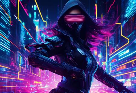 lazypos, Cyberpunk World, A full-body portrait of a beautiful ninja with vividly colorful and hyper-detailed features. She has glossy lips and large, expressive, happy eyes, paired with delicate facial features. Her long, flowing hair moves softly in the breeze, elegantly framing her face as she gazes forward with confidence. Her hyper-realistic skin showcases detailed texture, and her outfit is adorned with a short, intricate cyberpunk pattern made of glowing neon lights, wrapping around her figure in a dynamic, tech-inspired design. The vibrant lighting from the keys reflects subtly off her curves, enhancing the sleek and modern aesthetic of her look.