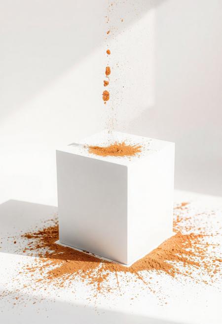 A white cube on a white background, bronze powder falling onto the cube, dramatic crisp light,