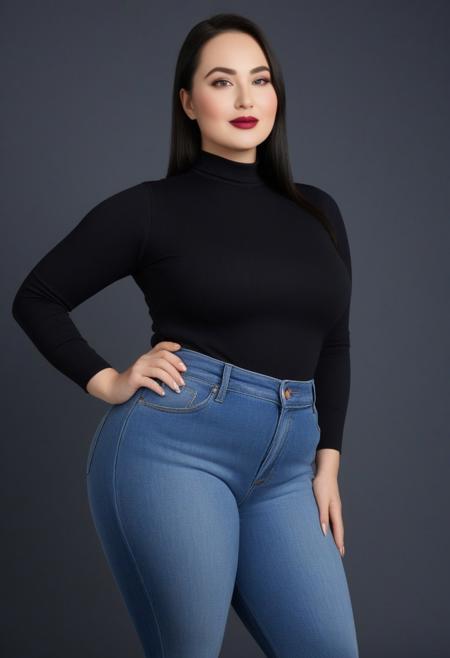 A plus-size woman with a curvy, voluptuous figure and an apple-shaped or oval body type with large breasts. She has a broader midsection with a less defined waist, moderately broad shoulders, and fuller arms. Her hips are moderately broad, balanced with her shoulders, creating a rounded silhouette. Her legs are proportionate to her body, with fuller thighs and calves. She has black hair and blue-grey eyes and raspberry lips and raspberry nail polis. She is wearing a black sleeveless top with jeans pants that accentuate her (massive butt). Corners of her mouth are slightly raised creating a faint smile. The woman has oval-shaped face featuring soft, rounded contours and a gently curved jawline and round cheeks. She has black straight hair with a natural part slightly off-center. Her eyes are almond-shaped, medium-sized, and grey-blue in color, with a slight upward tilt at the outer corners, giving a subtle, lifted appearance. Her eyebrows are naturally shaped with a gentle arch, complementing her eye shape. She has a straight nose with a smooth bridge and a rounded tip that is proportionate to her face. Her lips are full, with a well-defined cupid's bow, Her skin is fair and smooth with an even complexion. The expression on her face is calm and neutral, with a slight pursing of the lips.