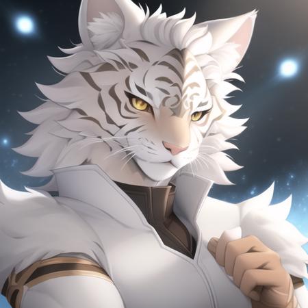 a happy furry fandom male Khajiit, white brown male tiger, big nose, (round iris), wears an open jacket, close up, (masculine), white brown fur, star shape pattern on fur, (bright eyes), looks to viewer, detailed fur. Early morning with dark clouds.