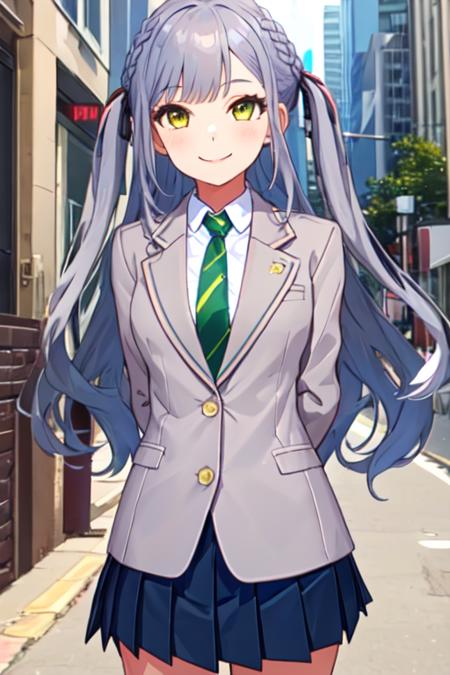 1girl, solo, masterpiece, best quality, closed mouth, smile, cowboy shot, arms behind back, <lora:togawasakiko2:0.85>, togawa sakiko, (grey hair), green striped necktie, white collared shirt, (grey blazer), green pleated skirt, long hair,