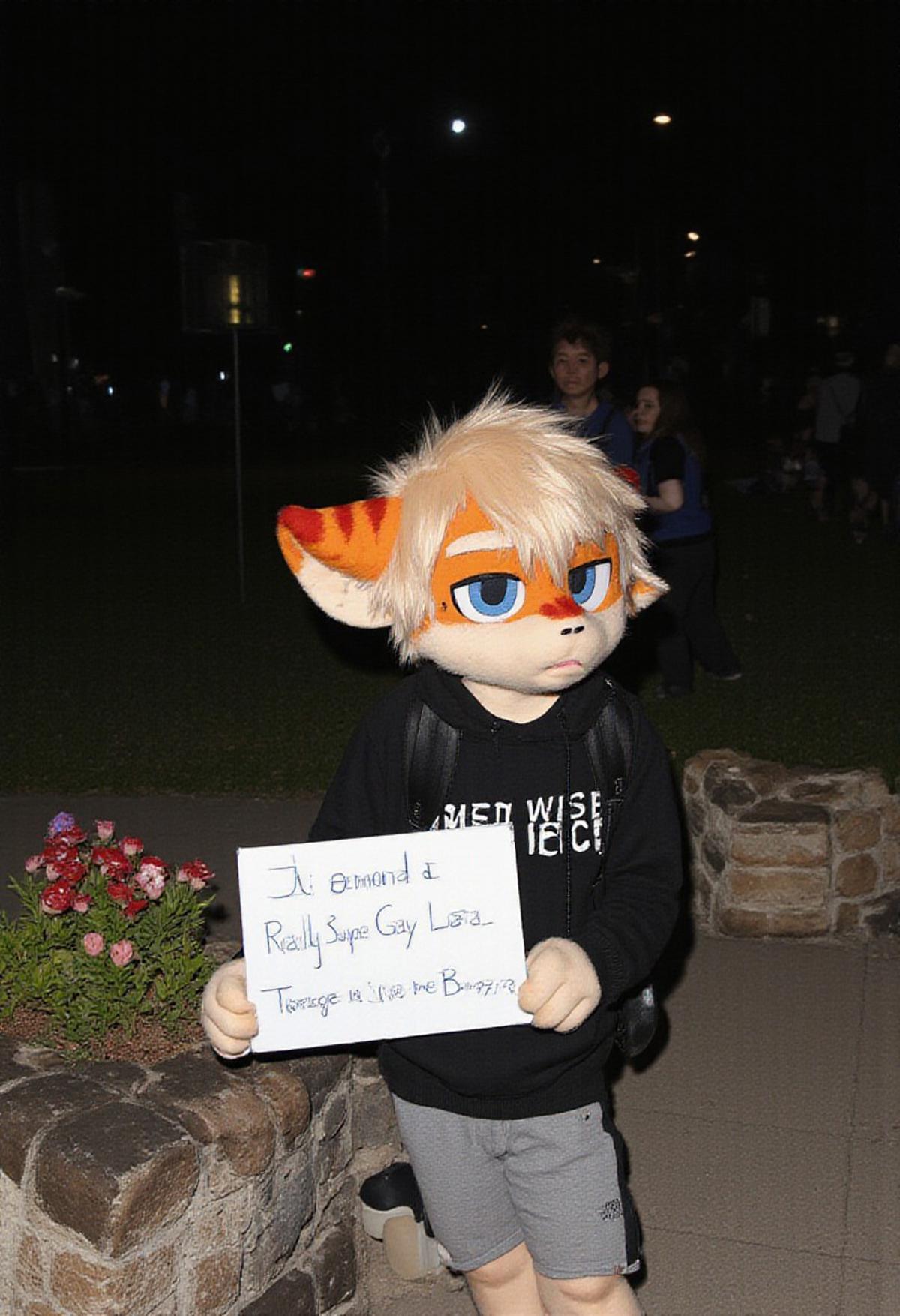 fursuit, fluffy body, furry costume, furry, A guy dressed in a fursuit walks in a park at night with a sign "I demand a Really Super Gay Lora. Therefore, give me Buzz", Fursuit milkytager, he has tiger ears and orange fur so fursuit has blue eyes, He is wearing a black sweater and grey shorts, young