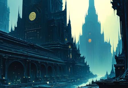 Philippe Druillet Style, cyberpunk, distant shot of a distopic dark city with in the middle the gigantic palace of the Emperor, perfect composition,