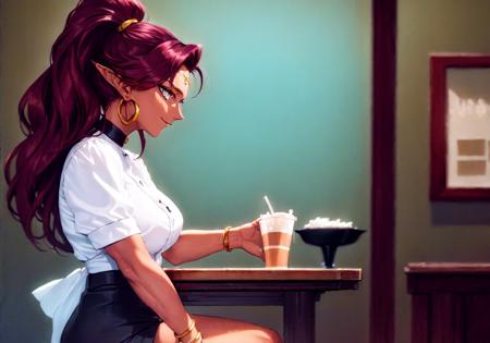 (dark_skin:1.6), red hair, pointed ears, masterpiece, high quality, highres, detailed face, detailed hands, full_body of Urbosa , sharp features, standing in an office scene BREAK wearing an annmiller uniform and serving tables in a restaurant, sfw <lora:urbosa:0.6> choker, arm bangles, hair ornaments, bracelets  <lora:annmiller:1>