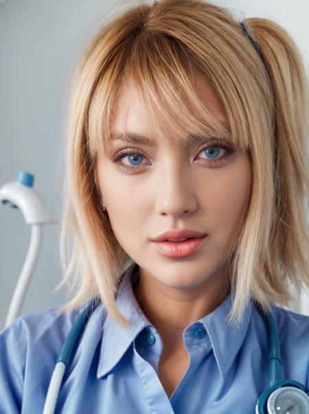 , realistic, amazing photo of a pretty woman wearing doctor clothes, makeup, <lora:quiron_KaschaPapillon_v2_lora:0.87> KaschPapillonQuiron, blond hair, crowded background