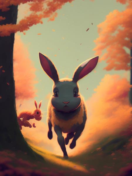 <lora:AteyGhailan:1>a happy horned bunny running through the forest, early autumn, a digital painting by Atey Ghailan, trending on pixiv, plein air, official art, detailed painting, digital painting test