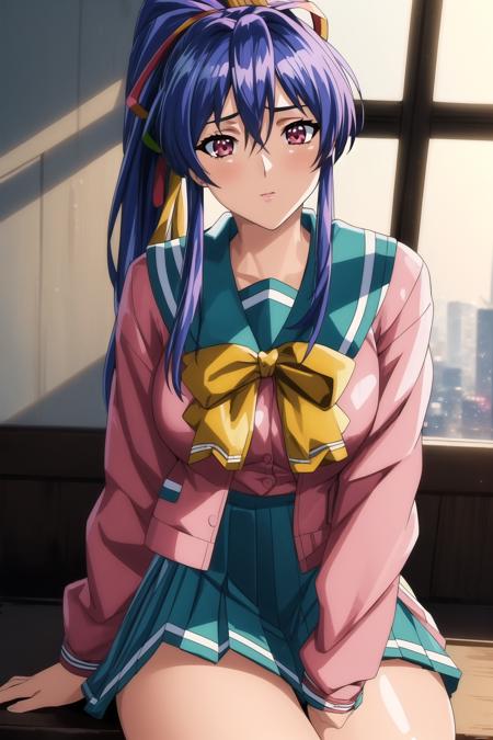 (Night:1.7), Japan, Cyberpunk, CityView, Before Window, room, indoors,
sitting at attention,
(pink_jacket:1.2),(Green_pleated skirt:1.3),(sailor_collar), school_uniform, serafuku,long_sleeves,(Yellow_bowtie),
<lora:more_details:0.3>,<lora:Takabe_Eri_Shusaku-KK77-V2:0.7>,
Blue hair,bangs,high ponytail, green hair ribbon,red eyes,
1 girl, 20yo,Young female,Beautiful Finger,Beautiful long legs,Beautiful body,Beautiful Nose,Beautiful character design, perfect eyes, perfect face,expressive eyes,
looking at viewer, in the center of the image,(Upper_body),(Focus on her face),
official art,extremely detailed CG unity 8k wallpaper, perfect lighting,Colorful, Bright_Front_face_Lighting,shiny skin,
(masterpiece:1.0),(best_quality:1.0), ultra high res,4K,ultra-detailed,
photography, 8K, HDR, highres, absurdres:1.2, Kodak portra 400, film grain, blurry background, bokeh:1.2, lens flare, (vibrant_color:1.2)
(Beautiful,large_Breasts:1.3), (beautiful_face:1.5),(narrow_waist),