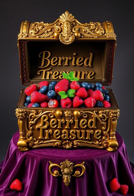 "A resplendent, ornate chest, adorned with intricate, berry-shaped carvings, sat atop a velvet-draped pedestal, its lid slightly ajar, revealing a treasure trove of succulent, juicy berries within. The chest itself, a masterpiece of craftsmanship, was emblazoned with the phrase "Berried Treasure" in bold, berry-style lettering, the words curved and twisted to resemble a sprig of fresh mint. The berries, a colorful medley of plump, ripe strawberries, blueberries, and raspberries, seemed to glow with an inner light, as if infused with the sweetness of summer sunshine. Each berry was perfectly rendered, with delicate, textured skin and a hint of dew-kissed freshness, inviting the viewer to reach in and sample the treasure within. The chest's interior, lined with a soft, velvety material, seemed to cradle the berries in comfort, as if they were precious jewels, rather than succulent, edible delights."