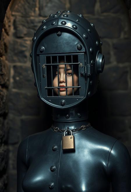 A full height view of a perfectly smooth tightly-fitting bdsm steel casing covered with rivets in the approximate form of a rigid standing woman with a heavy restraint collar and with a barred horizontal eye slit on the front of the head (and a padlocked hinged door closing over the mouth:1.4) ( a woman is trapped inside looking out through the barred eye slit:1.8), in a castle dungeon
