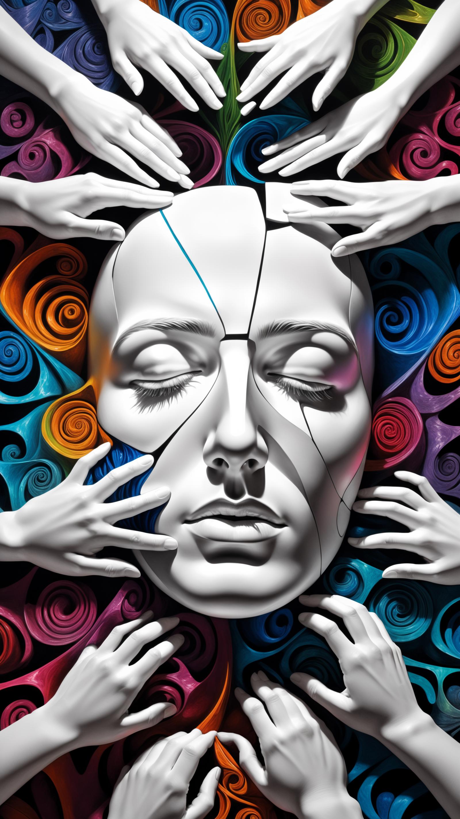 An artistic portrait of a woman's face with swirly designs, surrounded by hands reaching out to her.