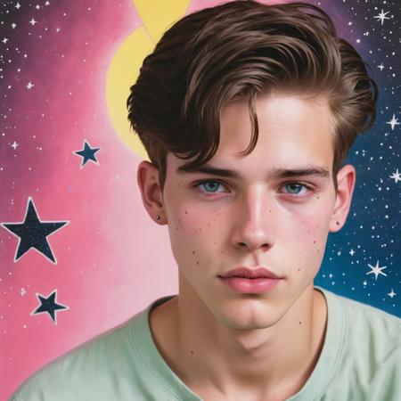 Screenprint, grand Drawing of a Soothing Mennonite (21yo Handsome:1.2) , ð¢, wearing pink, Revolting Dashed Eyes, Spiritual Lip Ring and Pins, complex background, Stars in the sky, designed by Kelly Sue Deconnick, Carolina Herrera, Fast Shutter Speed, Fujicolor C200, Zoom lens, Kodak portra, Smooth Skin,Full Body,Bold