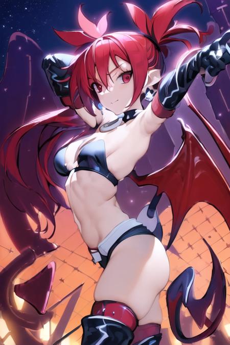 ((masterpiece, best quality:1.2)), (ultra-detailed:1.2), (8k), highres, <lora:EtnaDisgaeaLora:1>, etna (disgaea), red hair, bat wings, wings, (tail), small breasts, twintails, (good hands, 5 fingers), twintails, (high quality), etna \(disgaea\), blurry background, cinematic background, night background, stars in background, (hands behind back),