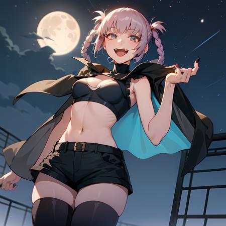 nanakusa_nazuna, 1girl, solo, looking at viewer, smile, open mouth, thighhighs, navel, cleavage, bare shoulders, :d, cowboy shot, outdoors, open clothes, sky, shorts, sleeveless, fang, midriff, black thighhighs, stomach, nail polish, crop top, short shorts, clothing cutout, night, turtleneck, fangs, black shorts, moon, from below, cleavage cutout, building, black nails, night sky, cloak, open fly, sleeveless turtleneck