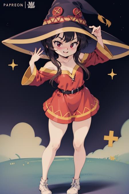 smile,full body, 1girl, megumin, <lora:megumin_type2:0.8>, witch hat, brown hair, red dress
standing ,smile ,  adorable face , cowboy shot,
 <lora:BluetheboneArtist-13:1.1> , bluetheboneaistyle, flat colors,1990s \(style\),