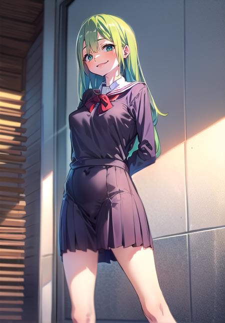 (masterpiece), 1girl,  <lora:yamada_gotyui_style:1.4>, green hair, long hair, blue eyes, smile, school uniform, arms behind back,