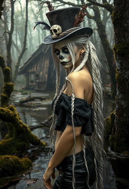 A dark fantasy setting. In a swamp, trees (both standing and growing, and fallen over) have moss growing all over them. In the background is a strange hut made of wood. In the foreground is a young woman, long white hair in a multitude of small braides, pale skin, medium breasts, her face is painted with makeup to look like a skull, her cheeks and mouth/lips painted to look like teeth. She wears a short top hat that's adored with beads hanging from the brim and feathers, a pirate's shirt(clevage)(midriff), an open cropped jacket, and black leather pants with a belt.  She looks at the viewer, her body turned slightly to the side, a slight tilt to her head, shoulders back. her expression is that of a curiosity and unease. 
semi realistic