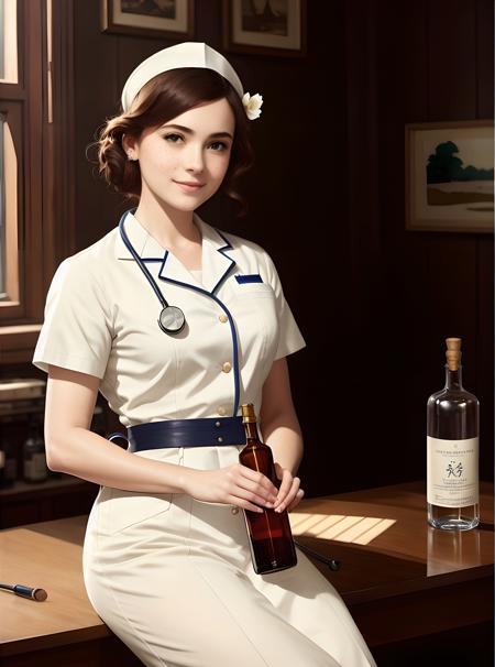 full shot body photo of the most beautiful artwork in the world featuring ww2 nurse holding a liquor bottle sitting on a desk nearby, smiling, freckles, white outfit, nostalgia, sexy, stethoscope,  heart professional majestic oil painting by Ed Blinkey, Atey Ghailan, Studio Ghibli, by Jeremy Mann, Greg Manchess, Antonio Moro, trending on ArtStation, trending on CGSociety, Intricate, High Detail, Sharp focus, dramatic, photorealistic painting art by midjourney and greg rutkowski