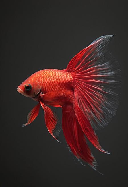Nikon Z9, NIKKOR Z 400mm f/2.8 TC VR S, focus 
on the tail, photograph of a red crowntail betta fish, high resolution, high contrast, ray og light, light on the eyes, hard shadow, ENF, Embarrassed, from distance, national geographic cover
