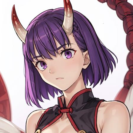 <lora:FateVN-10:1>, 1girl, shuten douji \(fate\), oni horns, short hair, purple eyes, purple hair,