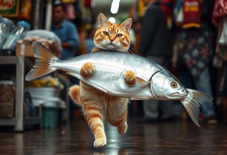 A cat on its back legs running like a human is holding a big silver fish with its arms.  The cat is running away from the shop owner and has a panicked look on his face.  The scene is situated in a crowded market.