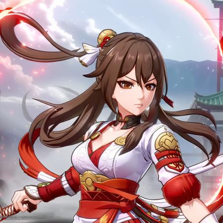 The image features an anime-style female character, modeled after Mai Shiranui from the 'King of Fighters' series. She has distinctive long, flowing brown hair and piercing brown eyes. Her outfit, inspired by traditional Japanese attire, is predominantly red and white with elegant gold accents. In her right hand, she wields a fan, a signature element of her character, instead of a sword. She embodies a fierce and determined expression, showcasing her combat-ready stance and martial arts prowess. The background details are unspecified, focusing the viewer's attention solely on her dynamic and spirited presence,<lora:railgameplay_ult:0.8>,starrailult,