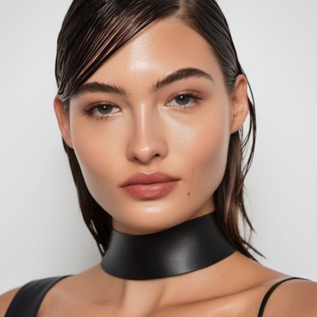 Portrait photo of a woman with wet-looking lips wearing a tight thin leather choker and lip-gloss, Nikon Z9, realistic matte skin, skin texture visible, (sharp focus), (high quality)