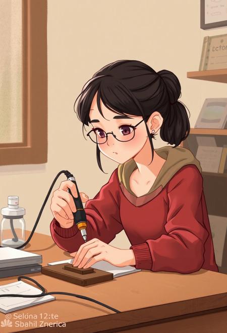 a 25yo girl using a soldering iron at a table, strong minded, studious, geek, simple drawing, 2D, warm color palette, matte colors, natural lighting, realistic face