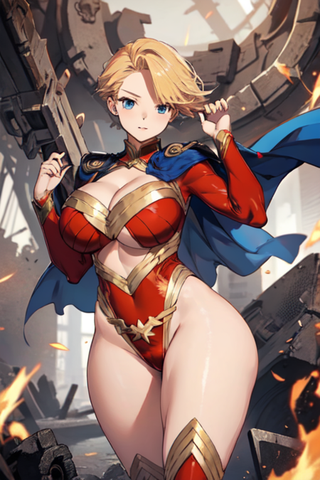 AthenaHaruka, 1girl, solo, short hair, blue eyes, blonde hair, large breasts, cleavage, thighs, cape, red leotard, clothing cutout, highleg, thick thighs, cleavage cutout, highleg leotard