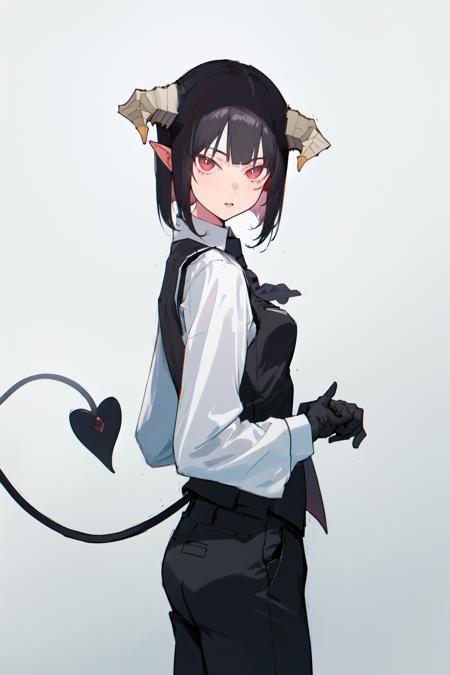 masterpiece, best quality, highres, 1girl horns short hair demon tail, white shirt black ascot black gloves black pants black vest <lora:goumon_torture:1> from side, looking at viewer