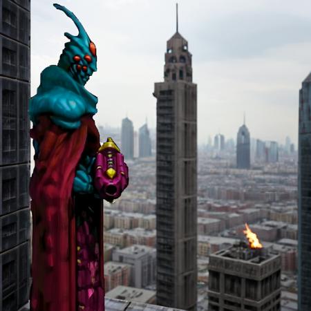 enforcer, facing sideways, humanoid standing on the top of a tall building overlooking a city, epic background, 35mm photograph, film, bokeh, professional, 4k, highly detailed, photorealistic film <lora:MarathonMonsters:0.9>