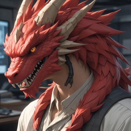 Create a close-up image of a robot dragon with a strong defined jaw, sat in an office, using a front-facing camera and a full body red mech design. Incorporate the styles of topaz AI, imagenet, and artstation trending artists such as artgerm, rossdraws, giuseppe dangelico pino, michael garmash, rob rey, greg manchess, and huang guang, and makoto shinkai. Apply superres sharpening, perfect face template, and 4K post-processing.
