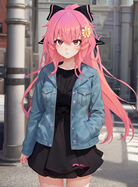 best quality, (masterpiece),(ultra-detailed), (high quality), (high resolution),   <lora:smoldidi-10:0.7>,1girl, smoldidi, pink hair, long hair, bow, hair bow, hair flower, jacket, black bow