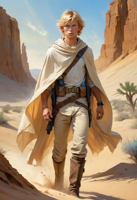 art by Aleksi Briclot of a youthful, slender figure with a clean-cut, boyish appearance. He has sandy blond hair, often tousled and unkempt, reflecting his rough life on a desert planet. His bright blue eyes exude a sense of curiosity and determination. His face is marked by youthful features, including a smooth complexion and a somewhat angular jawline.
His attire is practical for a moisture farmer: he typically wears a loose-fitting, cream-colored tunic, beige pants, and rugged, knee-high boots suitable for the desert environment. A brown utility belt with various pouches and a blaster holster wraps around his waist, highlighting his readiness for adventure. His look is completed with a tan poncho or cloak for protection against the desert's harsh climate.
Despite his modest clothing, Luke's demeanor and physical presence hint at his latent heroism and the extraordinary destiny that awaits him. the scene should capture the essence of space opera with artistic detail, ink drawing,  advntr, bad_prompt_version2, negative_hand, ac_neg1