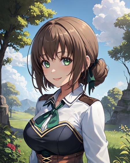 best quality, (masterpiece:1.2), illustration, absurdres,
(1girl, solo), (beautiful detailed girl), (upper body, portrait),
<lora:DuvalieCasual-09:0.8>, Duvalie, green_eyes, light brown hair, (hair bun:0.8), hair ribbon, medium breasts, medieval_outfit, brown_thigh_boots, corset, white_shirt, red_skirt, green_neckwear, (smile, looking at viewer),
magical forest, sky, clouds