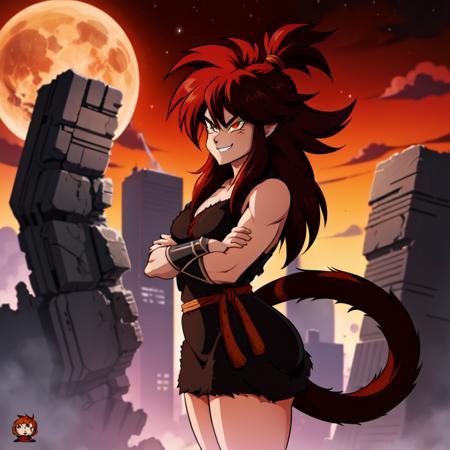 (side view), <lora:Primitive Saiyan Woman:0.9> Saiyaness a cartoon character with black and red hair, lashing Saiyan monkey tail, destroyed city, burning city, Saiyaness with a monkey tail,primeval animal pelt grinning evil grin hair tied, brown animal skin pelt, evil smirk, long wild spiky hair, hair over shoulders, mane of hair down back