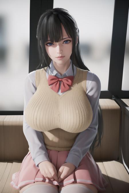 (day:1.7), sky background,a blue sky and clouds,
sitting at attention,sitting on couch,dynamic_pose,(Close-Up),
short skirt, pleated skirt, pink_skirt,school_uniform,long_sleeves,sweater vest, Red_Bowtie,
<lora:Fiona_PlayHome-KK77-V1:0.7>,thighhighs, white_legwear, zettai_ryouiki,
Black_long_hair, Bangs,Blue_eyes,
1 girl, Manga,20yo,mature female,Beautiful Finger,Beautiful long legs,Beautiful body,Beautiful Nose,Beautiful character design, perfect eyes, perfect face,
looking at viewer,(innocent_big_eyes:1.0),(expressionless:1.3),
official art,extremely detailed CG unity 8k wallpaper, 
(masterpiece:1.0),(best_quality:1.0), ultra high res,4K,ultra-detailed,
photography, 8K, HDR, highres, absurdres:1.2, Kodak portra 400, film grain, blurry background, bokeh:1.2, lens flare, (vibrant_color:1.2)
(Beautiful,large_Breasts:1.4), (beautiful_face:1.5),(narrow_waist),