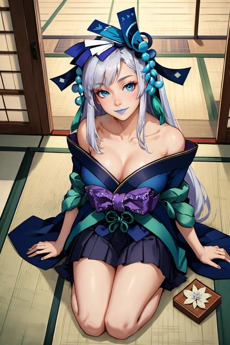 masterpiece, best quality, <lora:aoandon-nvwls-v1-000009:0.9> aoandon, hair ornament, blue lipstick, off-shoulder kimono, japanese clothes, cleavage, black skirt, purple bow, large breasts, seiza, indoors, japanese architecture, from above, tatami mat, looking at viewer, smile