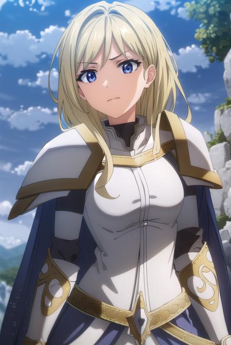 femaleknight, <lora:femaleknight-lora-nochekaiser:1>, 
female knight, long hair, blue eyes, blonde hair,
BREAK weapon, sword, cape, armor, shoulder armor, gauntlets, pauldrons, breastplate, knight,
BREAK outdoors, forest, grass, nature, sky, cloud, sun,
BREAK looking at viewer, (cowboy shot:1.5),
BREAK <lyco:GoodHands-beta2:1>, (masterpiece:1.2), best quality, high resolution, unity 8k wallpaper, (illustration:0.8), (beautiful detailed eyes:1.6), extremely detailed face, perfect lighting, extremely detailed CG, (perfect hands, perfect anatomy),