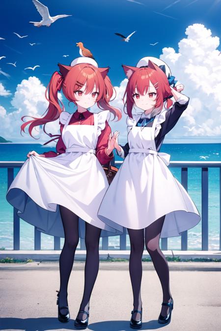 <lora:last1:1>2girls, bird, hat, dress, sky, hairclip, ribbon, twintails, shoes, ponytail, cloud, day, seagull, socks, apron, pantyhose, outdoors, multiple girls, red hair, animal ears, cat ears, red eyes, hat removed, mary janes, hair ornament, headwear removed, holding hat, holding clothes, long hair, black footwear, long sleeves, white dress, blue sky, arm up, grey hair