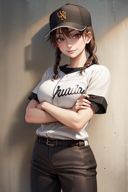 (masterpiece, best quality:1.2), <lora:bigwindup_momoe-10:1>, cowboy shot, solo, 1girl, momoe marie, smile, looking at viewer, crossed arms, baseball cap, baseball uniform, baseball field