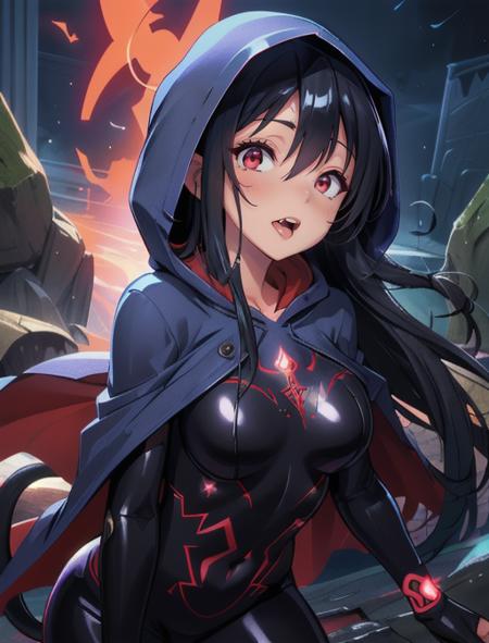 best quality, masterpiece, highres, detailed, digital artwork, <lora:Detail - add_detail:0.2>,  DarkIrregCh, bodysuit, cape, night, <lyco:DarkIrregCh:0.8>, BREAK  1girl, Hoshimi, black hair, red eyes, glowing eyes, licking lips, long tongue, devil's tail,  <lora:Character - Hoshimi:0.7>, magical runes, tattoo, glowing tattoo, hood, long hair,