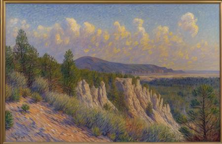 (impressionism:1.15), Cliff/Bluff, pine forest, (bob layzell:0.6), a painting,scenery,scene painting, salt flat,