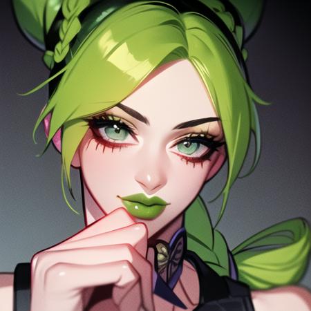 anime face, detailed eyes, female, feminine, spider_web_print, female, perfect face, perfect body, 4k, anime artwork, ((masterpiece)) illustration of kujo_jolyne, 1girl, ((solo)),  hair buns, long hair, green_lips, makeup, green_hair, two-tone_hair,  (extremely detailed, hyper detailed), (((intricate details))), soft lighting , amazing colors , jojo_no_kimyou_na_bouken<lora:kujojolyne-000001:1>