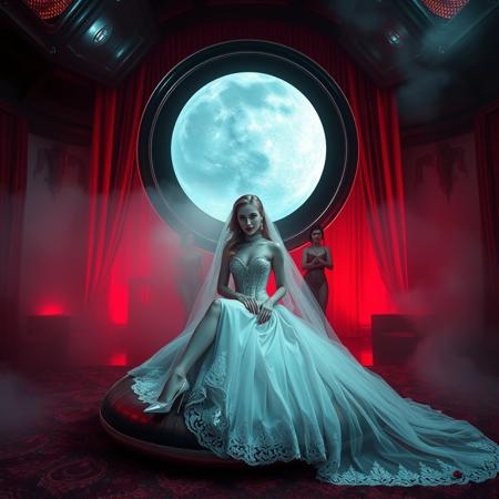 tall slender elegant slavic  bride  sit  at weird giant round mirror  pillow under dimension portal to another galaxy , slave  collar, dressed in sexy foil corset, long veil, pefect legs in lace trim stockings and d'orsay high heels, small feets, surrounded by abducted bridemaids  at  background, fishnet curtains, fog, mirrors, hi-tech, sci-fi, scifi, mind control, steel, foil, hypno, romance, poison, lipstick, long hair, heavy makeup, 1950s hairstyle, red nails, long hair, green eyes, sharp cheekbones, ultra thin waist , seductive, feminine, mysterious, alien spaceship, space, radiating, laser, dramatic dark red lighting, darkness, corset, negligee, lace, seduce, alluring, vines, poison red flowers